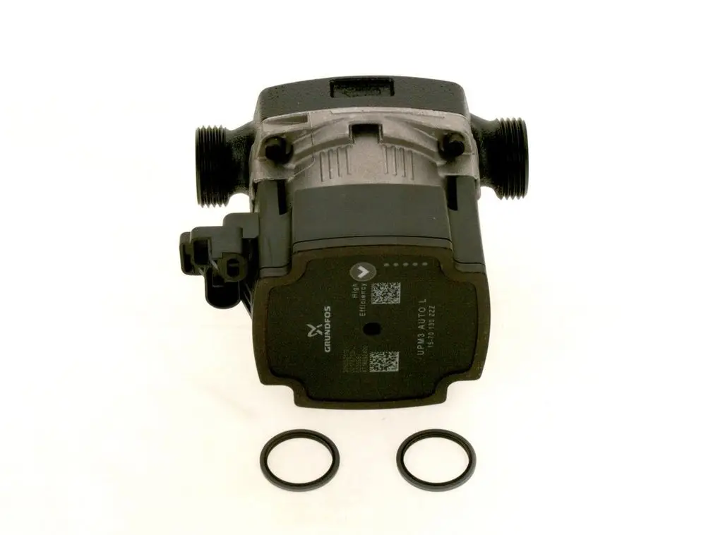 Bosch-Pumpe mit zwei Anschlussgewinden an den Seiten und einem elektrischen Anschluss. Zwei Dichtungsringe liegen neben der Pumpe.